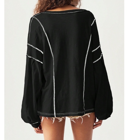 Solid V neck Reverse Stitch Pockets Oversized Long Sleeve Top - Picture 5 of 10